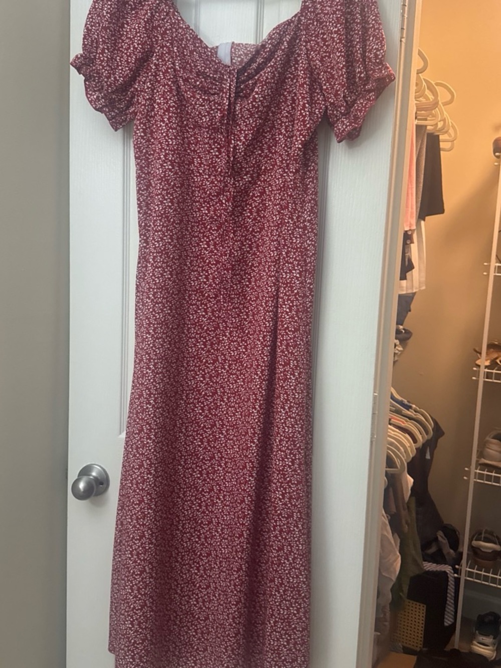 SHEIN Burgundy Red Floral Midi Dress with Puff Sleeves